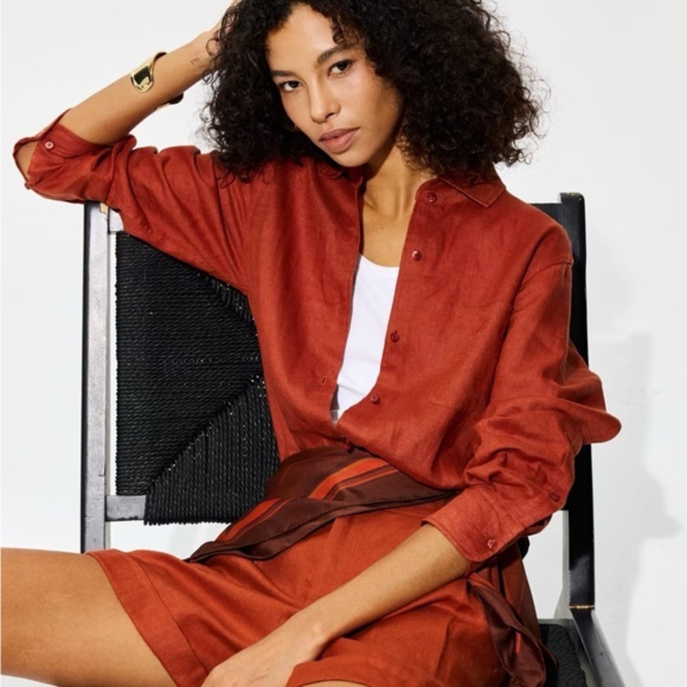 Women 100% Linen Shirt โ Firework Red, Size S, Minimalist Style